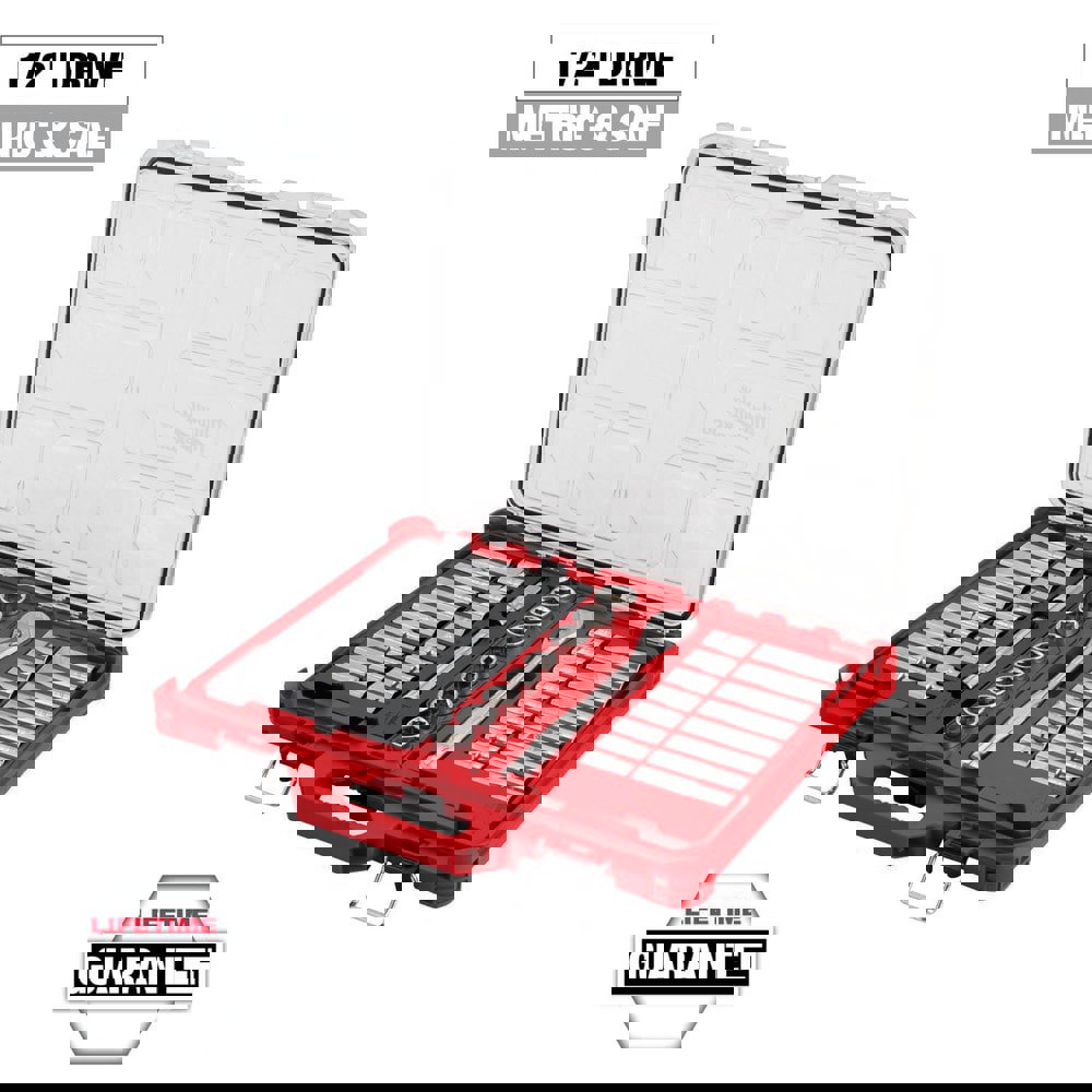 Socket Sets; Set Type: Ratchet & Socket Set ; Measurement Type: Inch & Metric ; Drive Size: 1/2 in ; Minimum Size (Inch): 5/32 ; Maximum Socket Depth (Decimal Inch): 0.5625 ; Maximum Size (Inch): 9/16